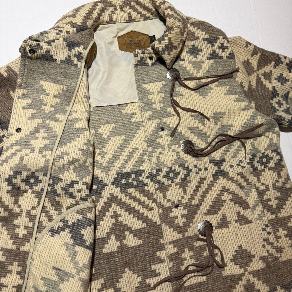 Woolrich, VTG 90s Western Print Fringe Wool Duster Jacker, L Cowboy Americana - Picture 10 of 11